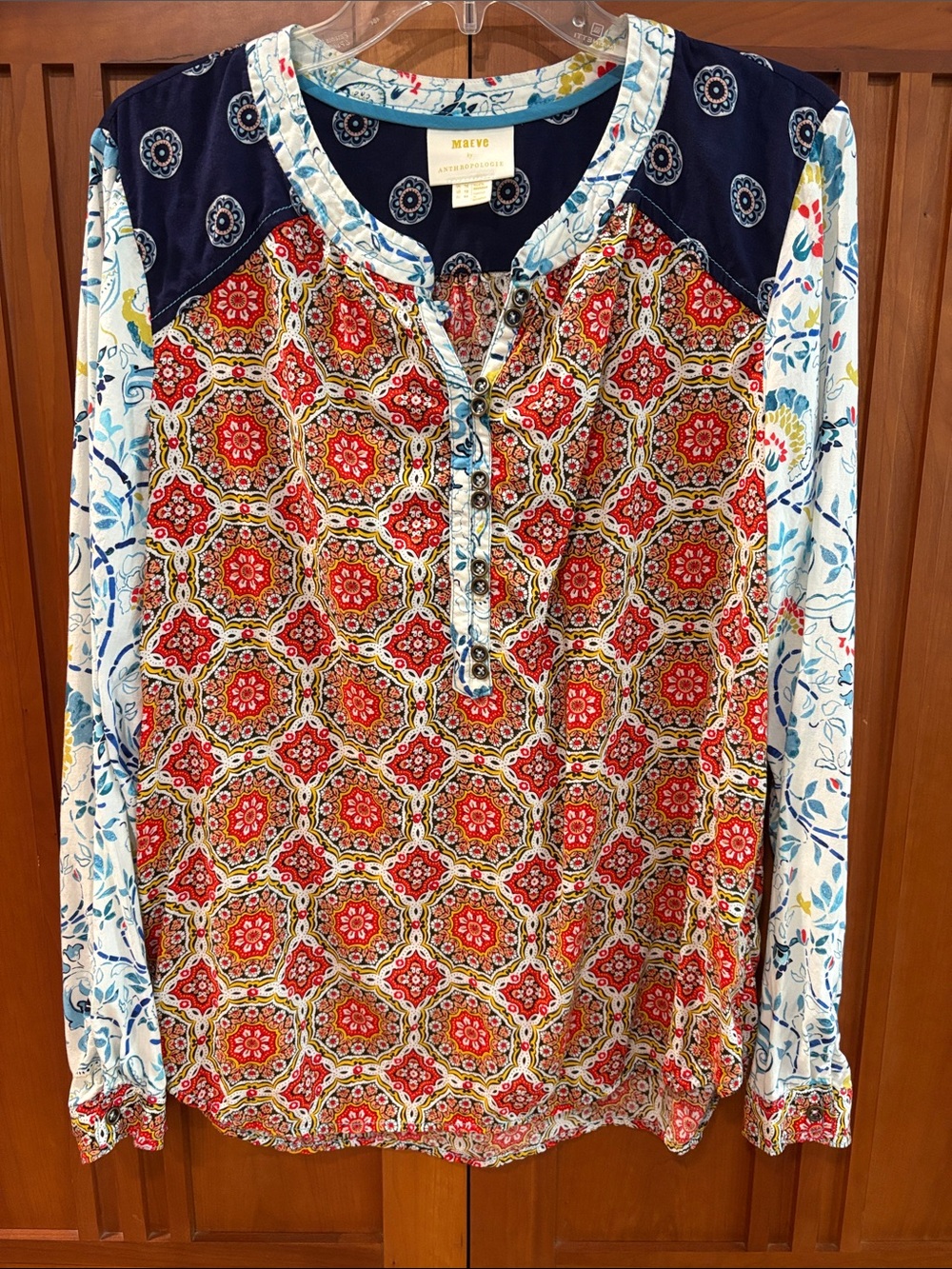 Maeve Multicolor Printed Long-Sleeve Henley Shirt